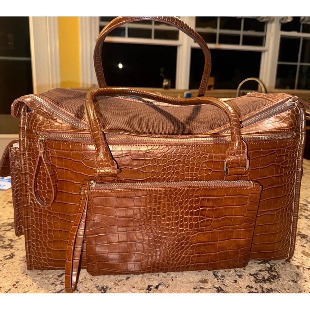 Croc Embossed Faux Leather Pet Carrier Brown Mesh Dog Cat Travel Bag 17in